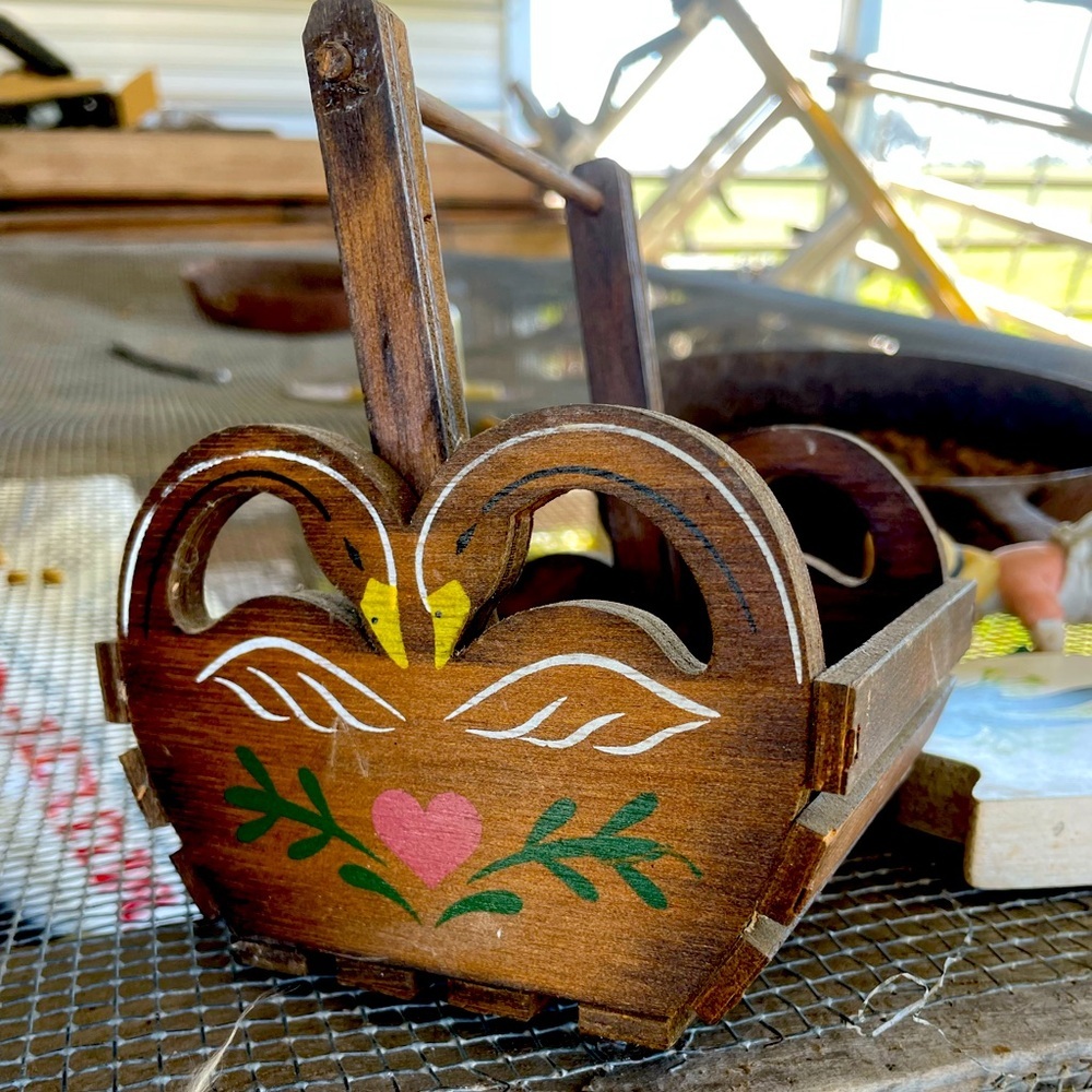Vintage 80s Handcrafted Heart Shape Wooden Basket Hand Painted Rustic Fa…